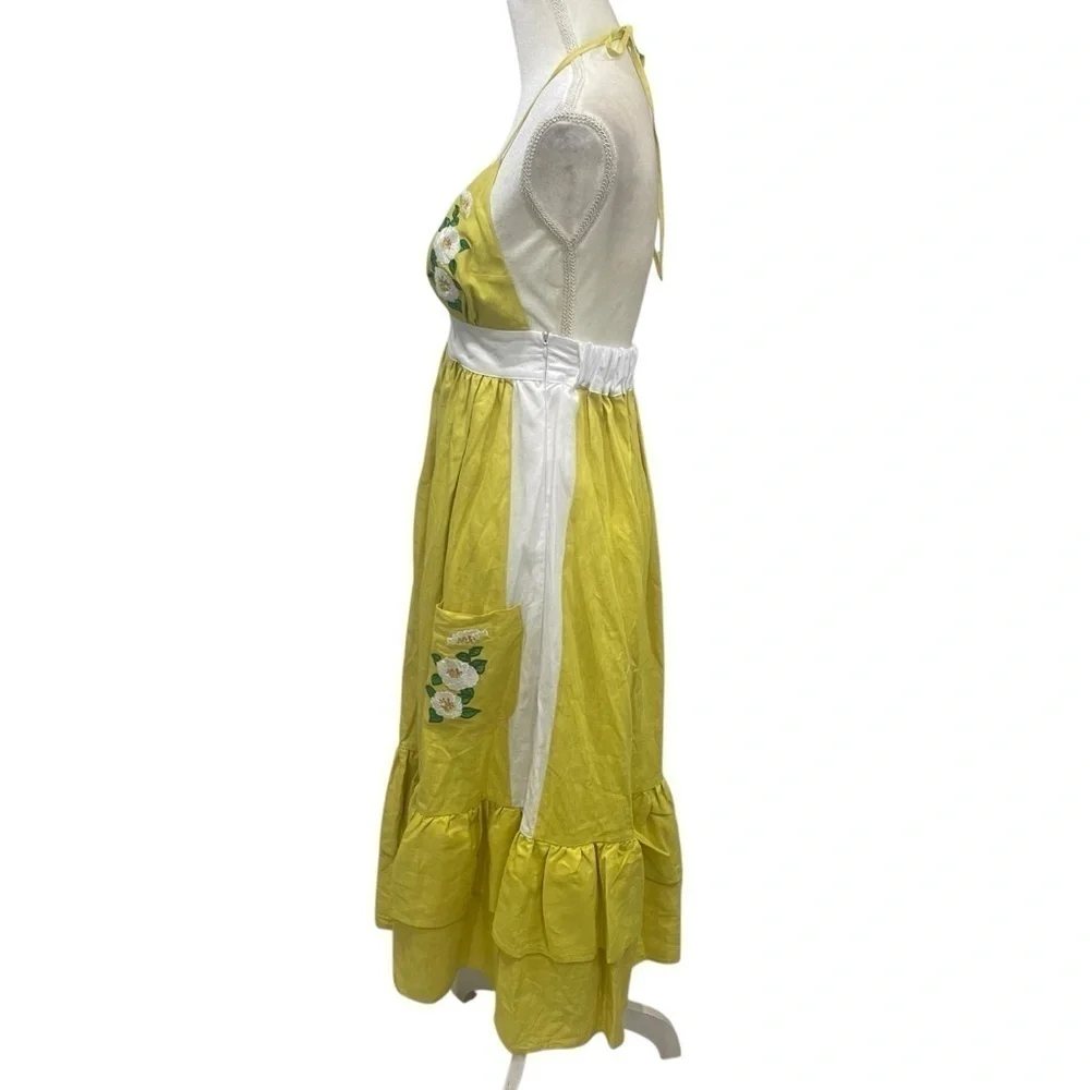 Fanm Mon Yamile 100% Linen Floral Embroidered Halter Midi Dress Mustard Lime NWT